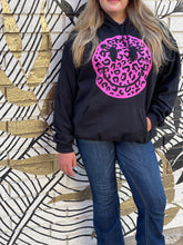 Load image into Gallery viewer, LEOPARD SMILEY FACE: Black hoodie, hot pink print
