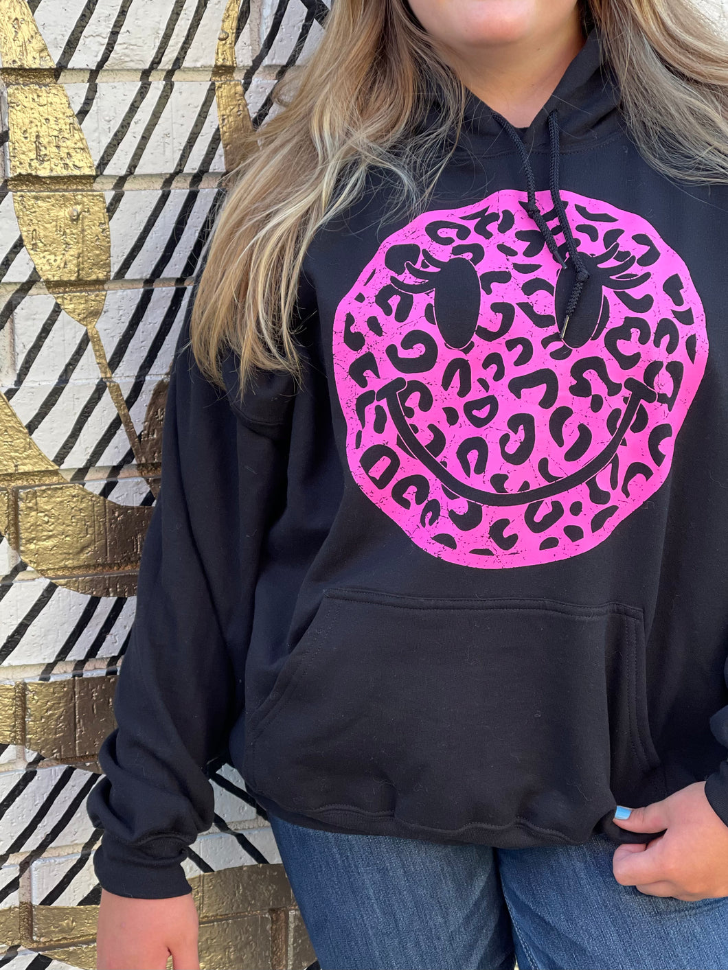 LEOPARD SMILEY FACE: Black hoodie, hot pink print